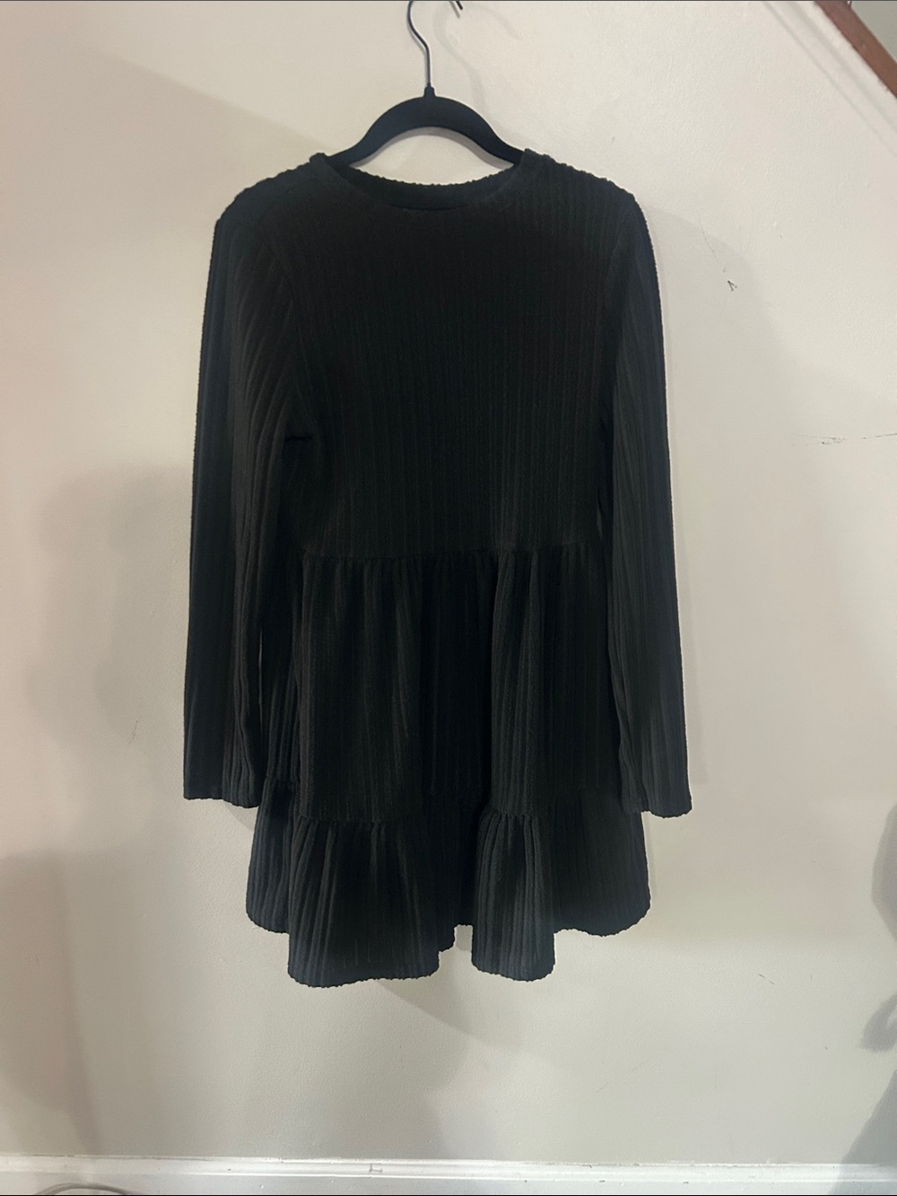 SHEIN Black Long Sleeve Pleated Tiered Mini Dress